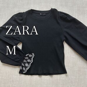 【美品】ZARA ブラック パフスリーブ トップス M 長袖 ニット 刺繍