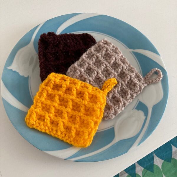 エコタワシ アクリルタワシ ハンドメイド ワッフル チョコ チーズ プレーン3色