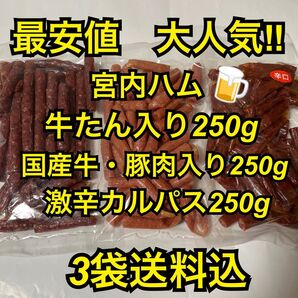 最安値 大人気!宮内ハム 牛たん入り250g&国産牛肉と豚肉のサラミ250g&激辛カルパス250g