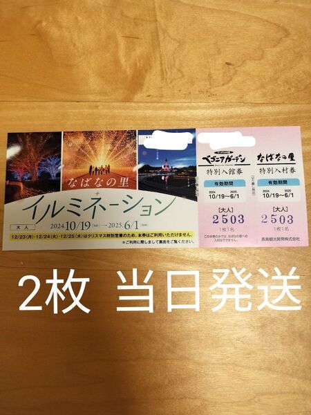 2枚【5/23発送&最短翌日到着 ネコポス】なばなの里 イルミネーション ベゴニアガーデン 有効期限2025/6/1