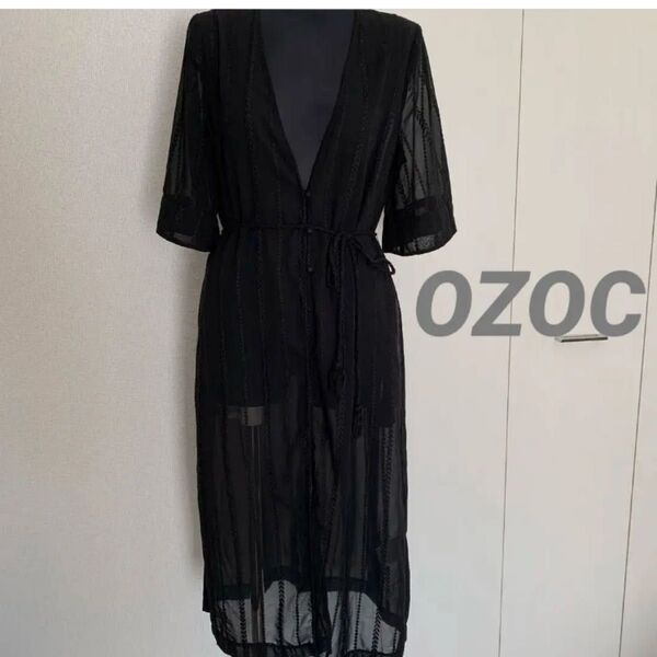 OZOC ブラック 透け感 前開きロングワンピース 半袖