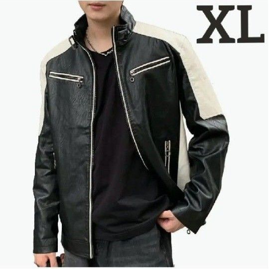 XL ライダースジャケット メンズ 春 秋 薄手 PUレザー 合成皮革 レザージャケット 革ジャン レーシングジャケット ブラック