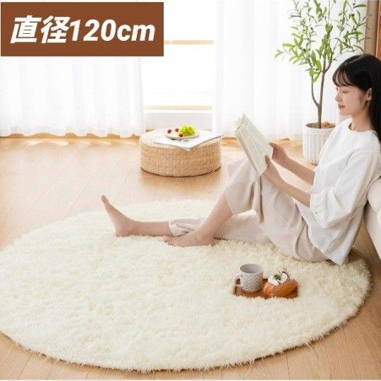 カーペット ラグ 円形 シャギーラグ 直径120cm 洗える 滑り止め付き オールシーズン 絨毯 抗菌 床暖房対応 アイボリー