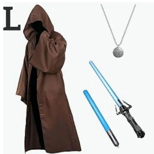 新品 L スターウォーズ ジェダイコスプレ ハロウィンコスプレ衣装 4点セット ジェダイローブ マント ライトセーバー ネックレス