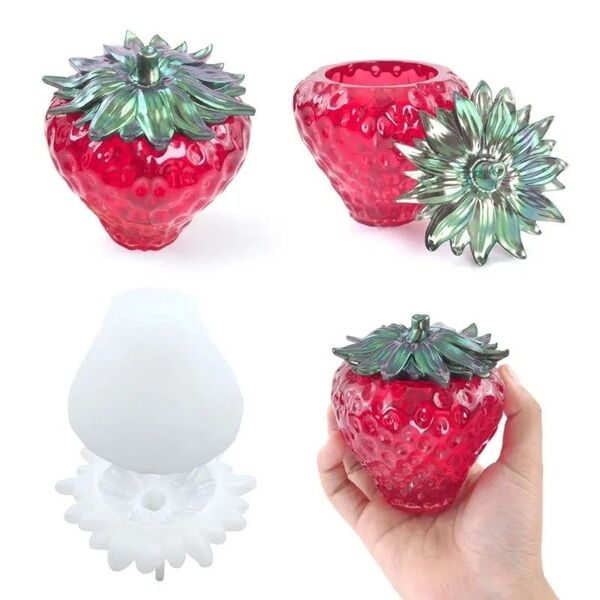 ハンドメイド用シリコンモールド☆立体いちご ヘタの蓋付き ストロベリー 小物入れ