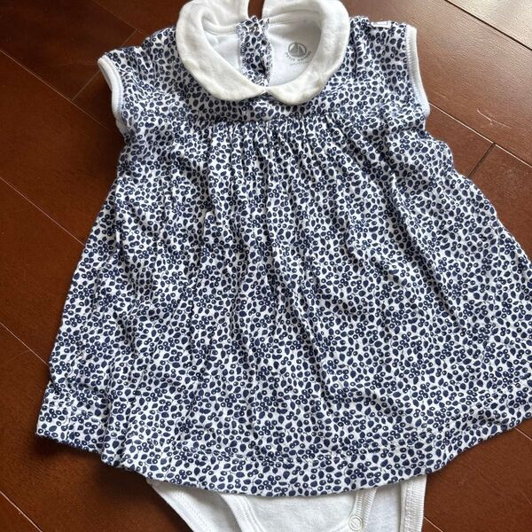 プチバトー ベビー服 ワンピース 花柄 襟付き 女の子 6m 60 70 サイズ ネイビー 半袖