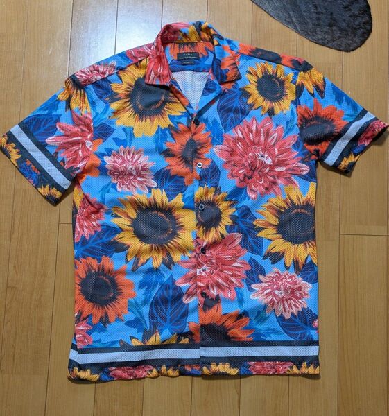 【良品】ZARA メッシュオープンカラーシャツ アロハシャツフラワーひまわり柄 マルチカラー サイズ S メンズ