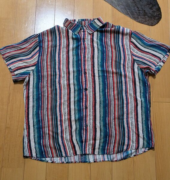 【良品】ノーブランド(coofandy)アロハシャツ ストライプシャツ マルチカラー レーヨン混 サイズ L メンズ