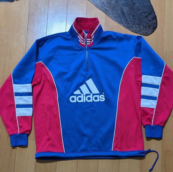 【レア】 adidas アディダストラックジャケット ハーフジップ 青×赤 フロントロゴプリント サイズ M メンズ