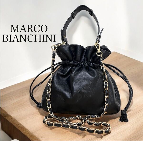 MARCO BIANCHINI巾着ハンドバッグ ショルダーバッグ 2way レザー ブラック