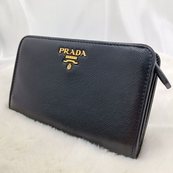 美品 PRADA プラダ 二つ折り財布 サフィアーノ バイカラー ブラック