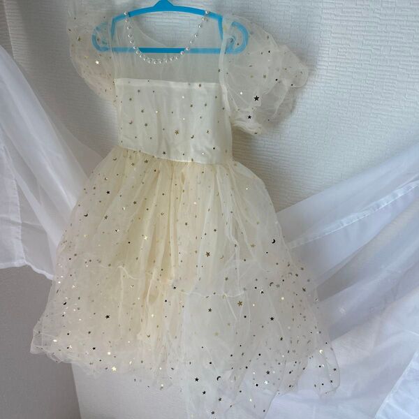 シフォンワンピースドレス size100 星柄 半袖 シースルー カラードレス 子供ドレス