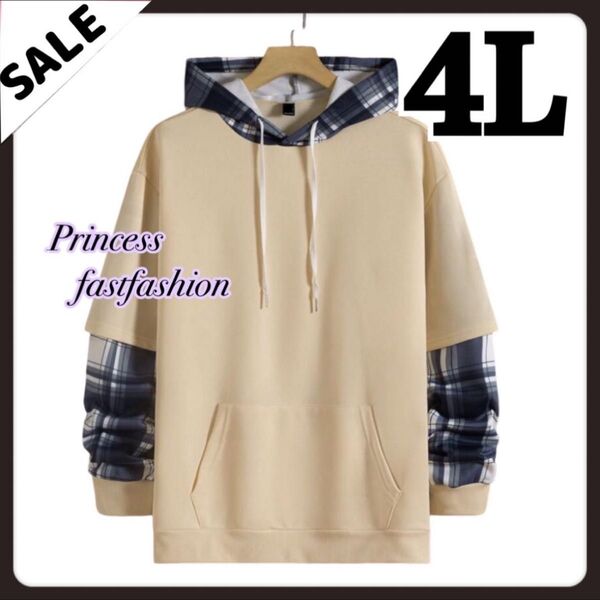 SALE★ 【4L】チェック&クリーム 重ね着風 パーカー 大きいサイズ メンズ レディース