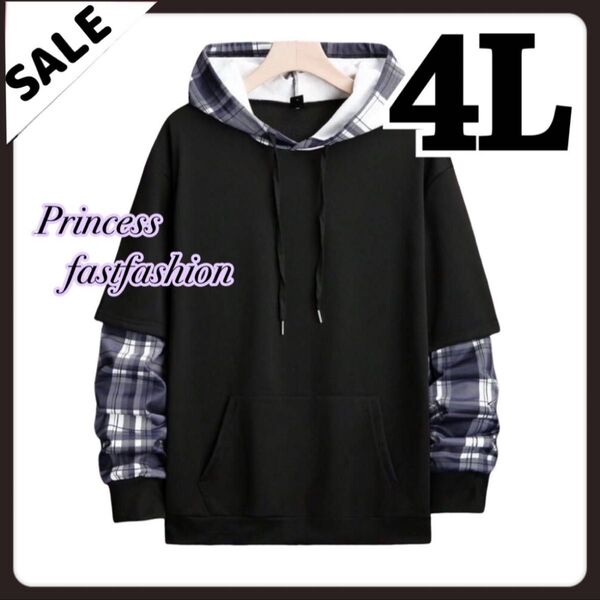 SALE★ 【4L】チェック&ブラック 重ね着風 パーカー 大きいサイズ メンズ