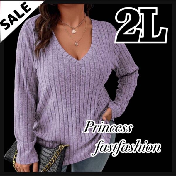 SALE★ 【2L/パープル】ふわもち触感 Vネック カットソー 大きいサイズ レディース
