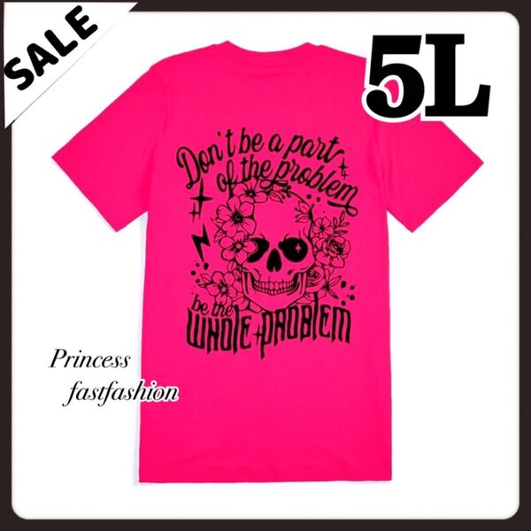 SALE★【5L/ピンク】スカル柄 バックプリント 半袖Tシャツ 大きいサイズ レディース