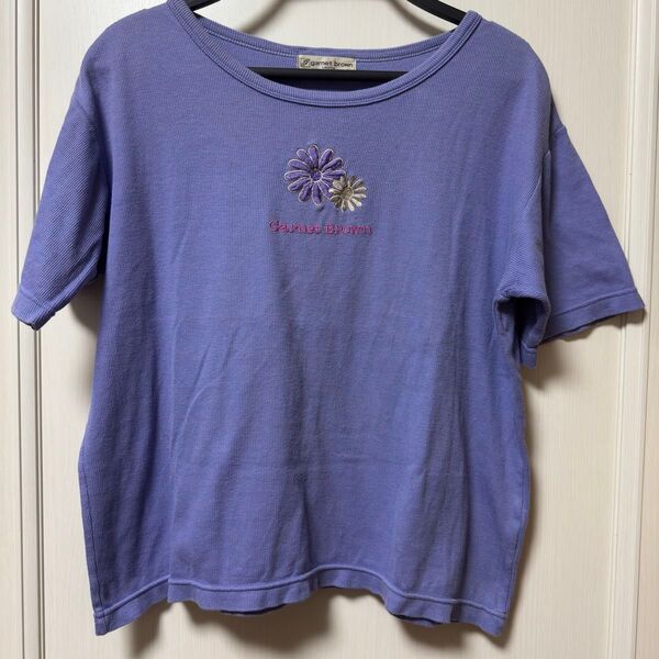 藤色 青 紫 Tシャツ 半袖 リブ柄 刺繍