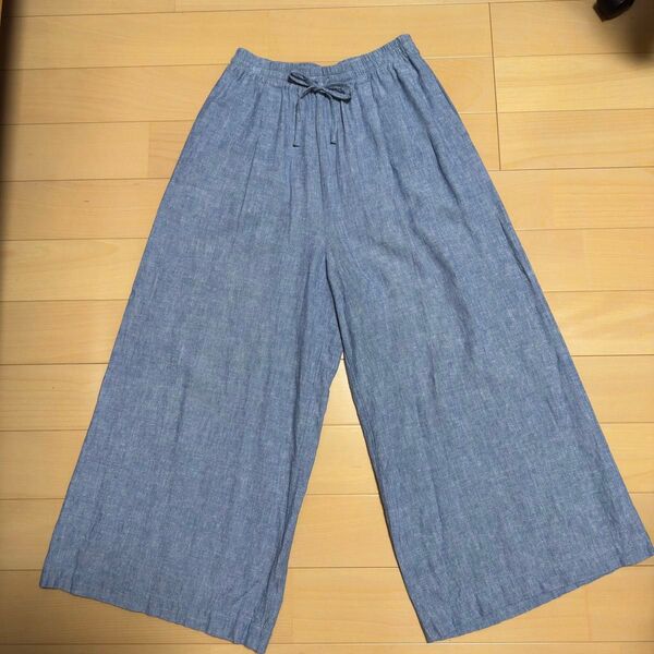 ハニーズ GLACIER ワイドパンツ イージーパンツ ウエストゴム 麻混 ブルー 青