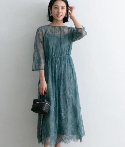 美品 アーバンリサーチロッソ 配色レースミディドレス レースワンピース 結婚式
