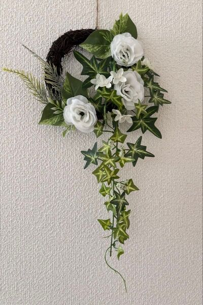ハンドメイド 造花 フラワーリース ホワイト グリーン