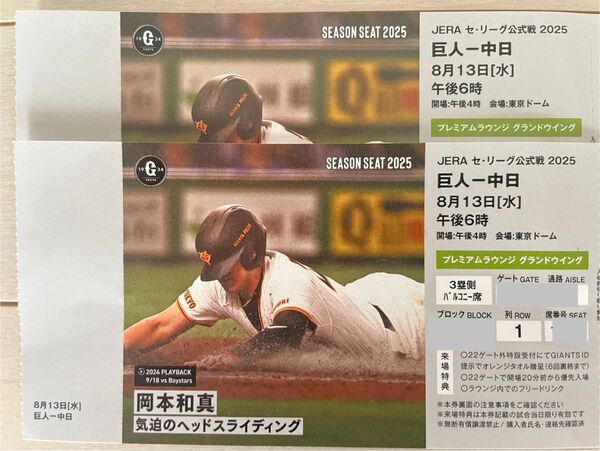 【1列目】8/13(水)巨人VS中日 グランドウイング ペアチケット
