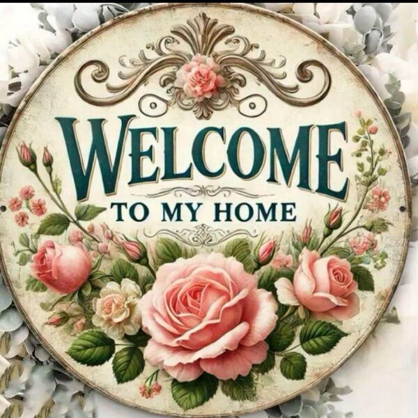 花柄 WELCOME TO MY HOME ブリキ看板