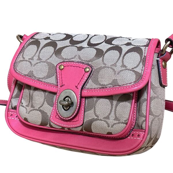 美品 コーチ COACH ショルダーバッグ キャンバス レザー ターンロック 10569 斜め掛け サコッシュ ポーチ ポシェット