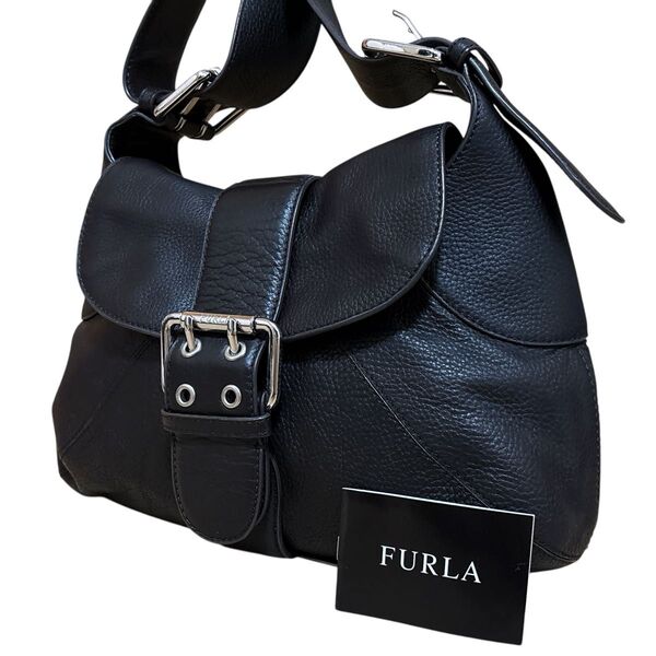 極美品 FURLA フルラ レザー ショルダーバッグ y2k ブラック 黒 斜め掛け 肩掛け ハンドバッグ ロゴ金具 シルバー