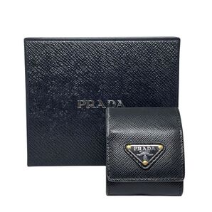 PRADA プラダ イヤホンケース AIR Podsケース サフィアーノレザー 三角ロゴ キーホルダー キーリング 黒 ブラック