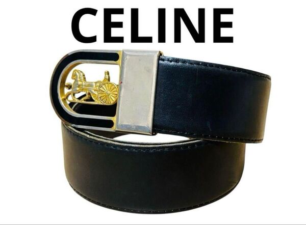 CELINE セリーヌ ベルト ロゴ バックル ゴールド 馬車 ホース リバーシブル レザー ブラック×ブラウン 黒茶 レディース