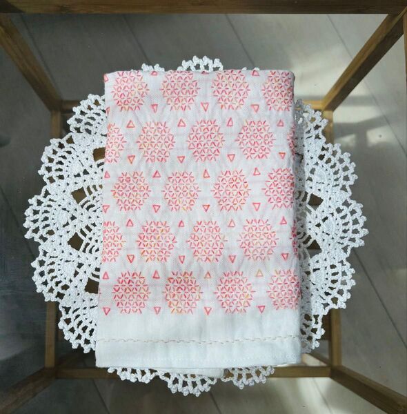【刺し子ふきん完成品】花刺しアレンジ ピンク オレンジ