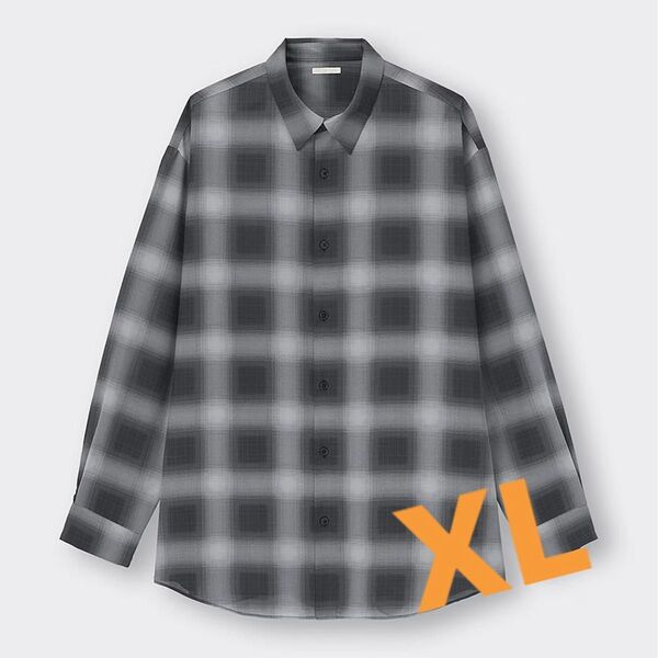 GU イージーケアシアーオーバーサイズシャツ(長袖)(チェック) XL 黒