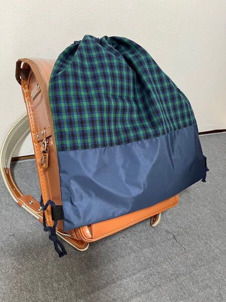 撥水便利な雨の日プールバック*体操服巾着リュック*ハンドメイド*緑チェックリュックサック