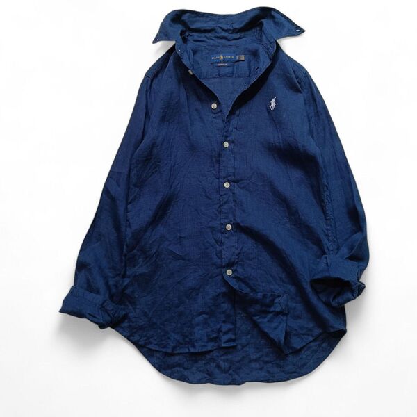 【美品】RALPH LAUREN ラルフローレン リネン シャツ クラシックフィット 長袖 ネイビー