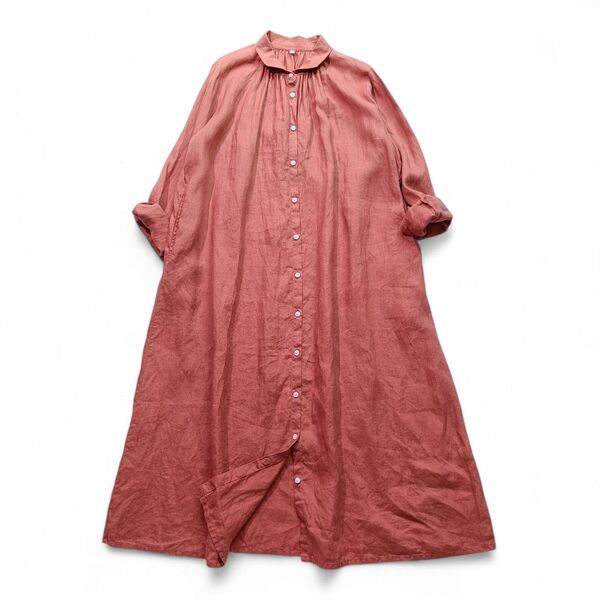 【極美品】無印良品 リネン 洗いざらし長袖 シャツワンピース L レッド ロング ゆったり ギャザー