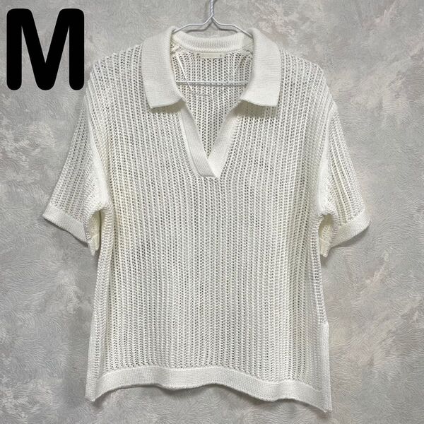 【美品】GU ジーユー メッシュスキッパーポロセーター ホワイト M 白