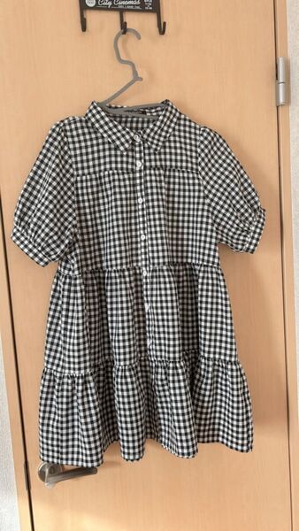 レディース チュニック ワンピース ギンガムチェック 半袖 ティアードワンピース 黒 夏服