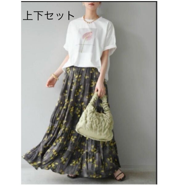 フラワーフォトビッグTシャツ/ オフ1 + フラワーワッシャープリーツスカート/グレー lumier リュミエ