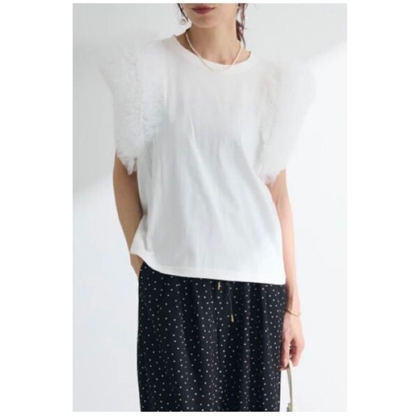 チュールボリュームスリーブカットTシャツ ホワイト frene フラーネ