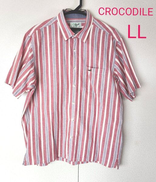 クロコダイル メンズ半袖シャツ LL 古着 ピンク ストライプ 綿100%