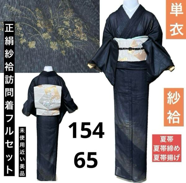 正絹紗袷訪問着フルセット4点 美品着物+正絹絽袋帯+夏用帯締め+夏用帯揚げ