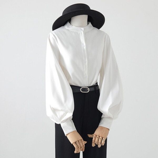 ランタンスリーブ パフスリーブ ブルーシャツ レディース ゆったりスタンドカラー ワイシャツ ブラウス 事務服 ビジネスシャツ