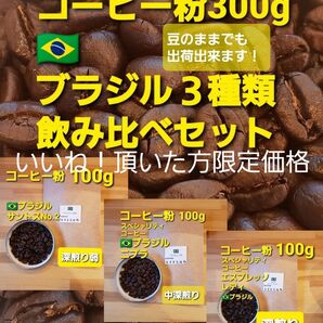 いいね!頂いた方限定価格 コーヒー粉orコーヒー豆300g ブラジル3種類飲み比べセット