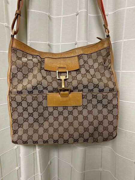 GUCCI グッチ GG柄×キャメル革 GGキャンバス ショルダーバッグ