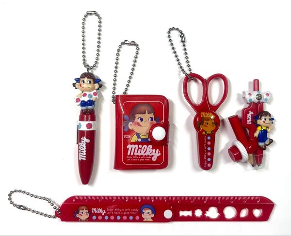 ペコちゃんグッズ ボールペン、ミニノート、ハサミ、コンパス、定規…5点セット