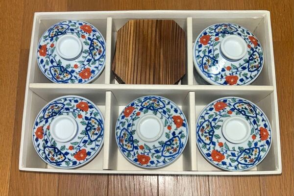 美品 有田焼 蓋付き茶碗蒸し器 5客 木台付き まとめ まとめ売り