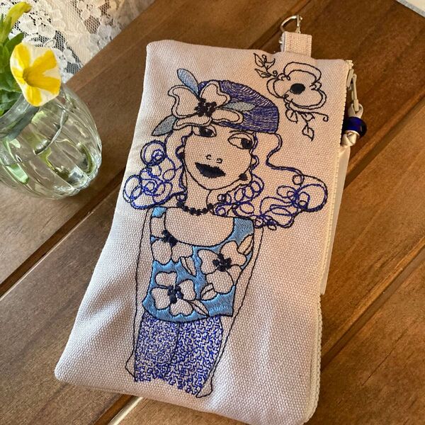 ロラライハリス★刺繍★帆布 メガネポーチ ハンドメイド