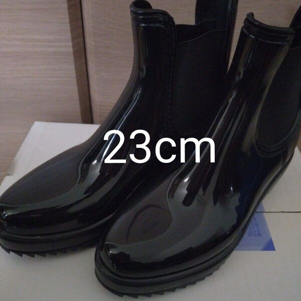 サイドゴアウェッジソールショートレインブーツ 黒 23cm