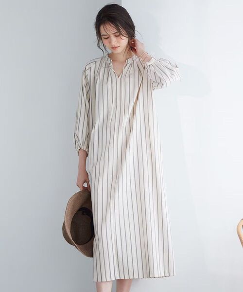 SLOW 23区 コットンナイロンストライプ カフタン ワンピース Mサイズ ロングワンピース