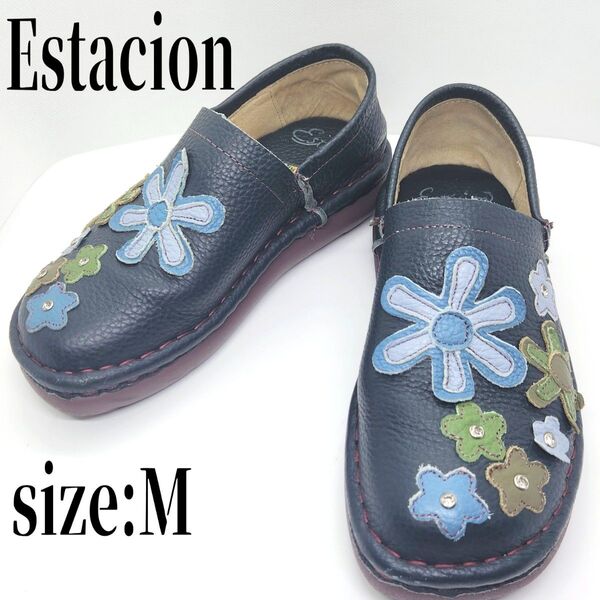 Estacion エスタシオン フラワーストーン スリッポン Mサイズ ネイビー
